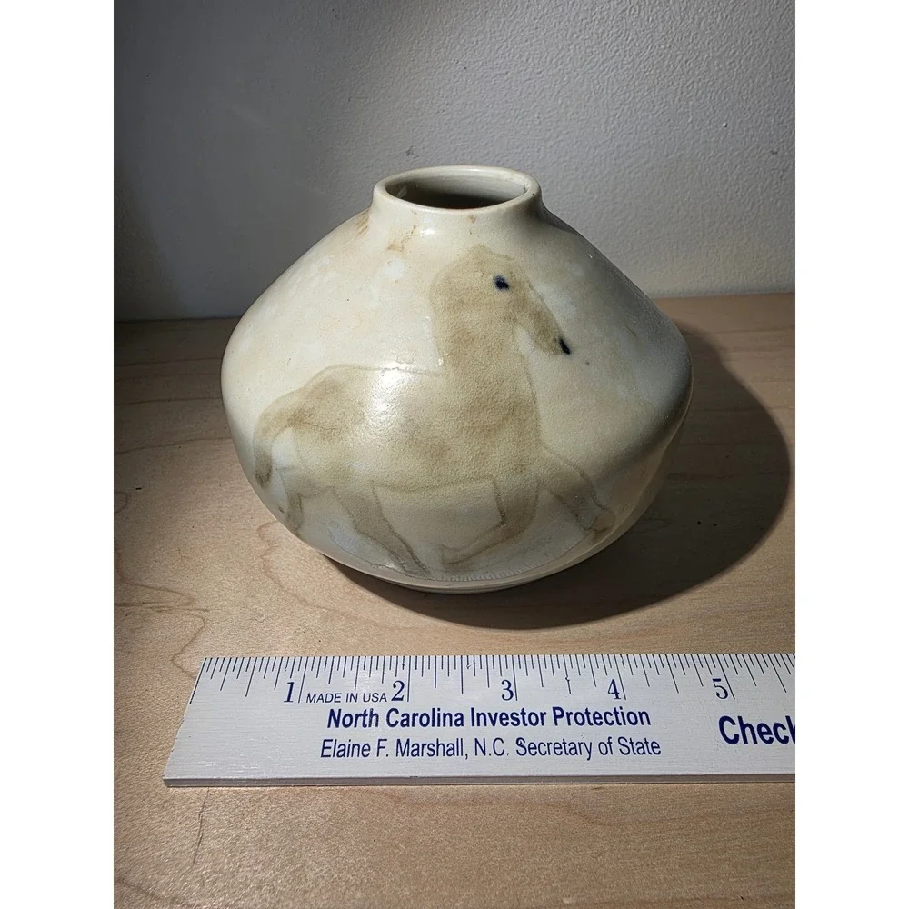 Vintage Celia Cole Pottery Vase Hand-Painted Horse Motif Signed Sanford NC